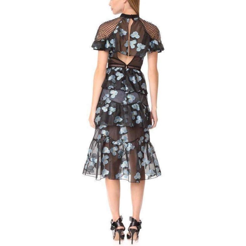 Self-Portrait Black & Blue Floral Fil Coupe Cape Detail Tiered Midi Dress 6 - Picture 4 of 14